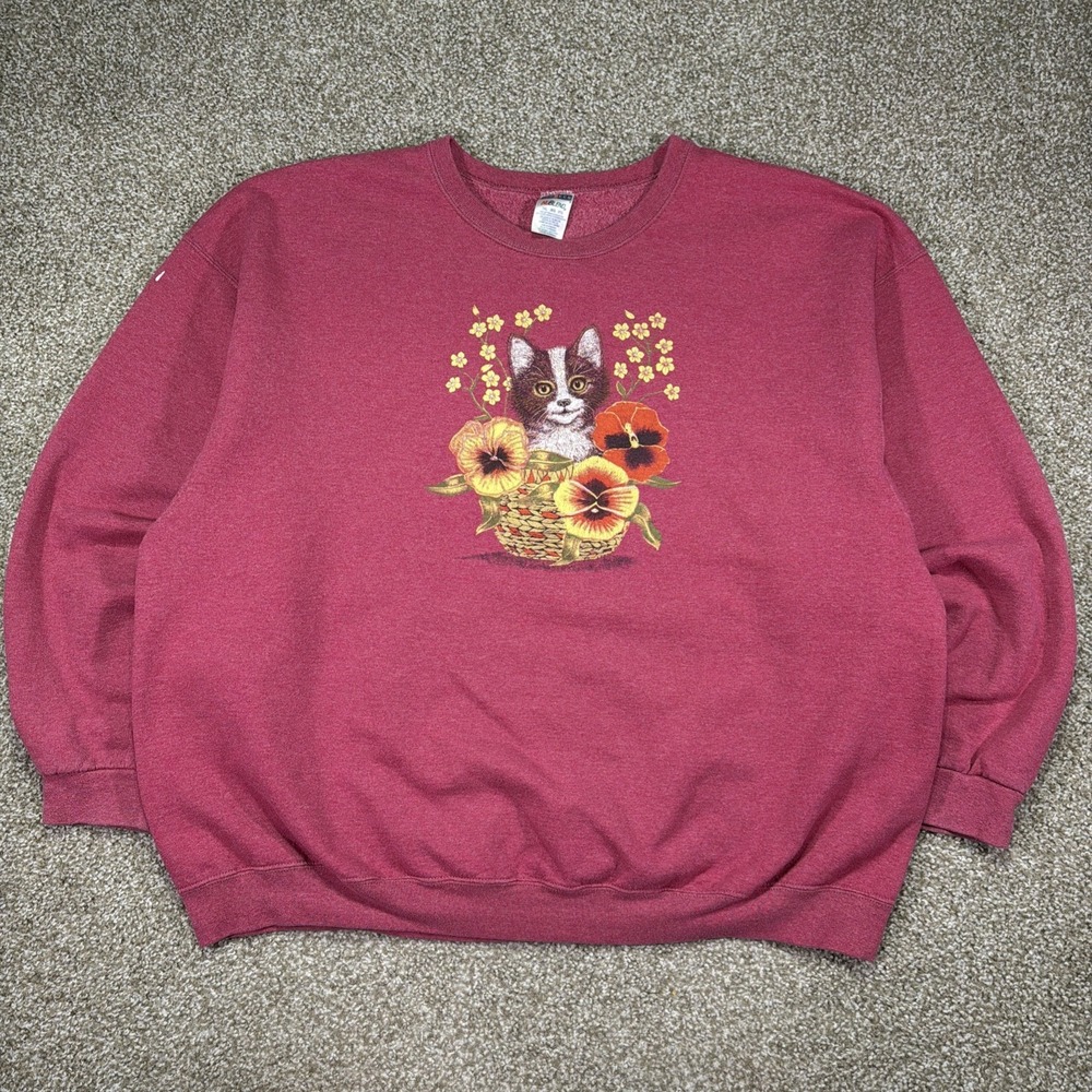 Vintage Cat Sweatshirt Floral Pattern 3XL Pullover 90s Cottagecore Essentials